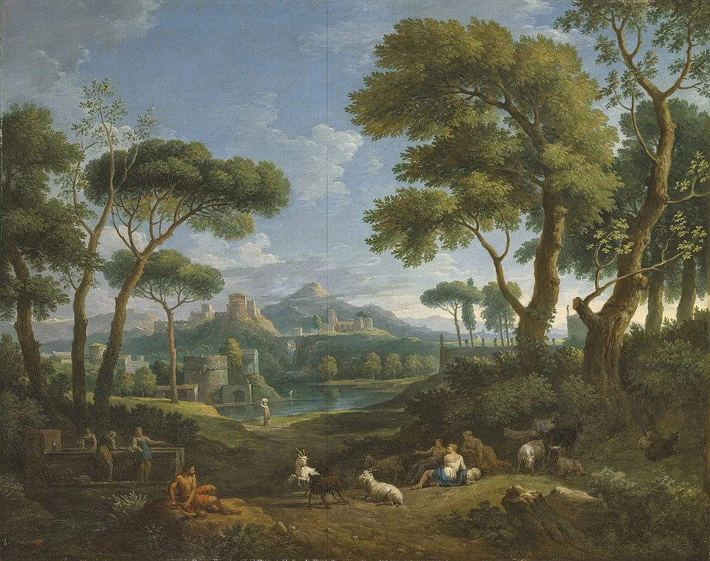 Paesaggio arcadico con pastori e pastorelle